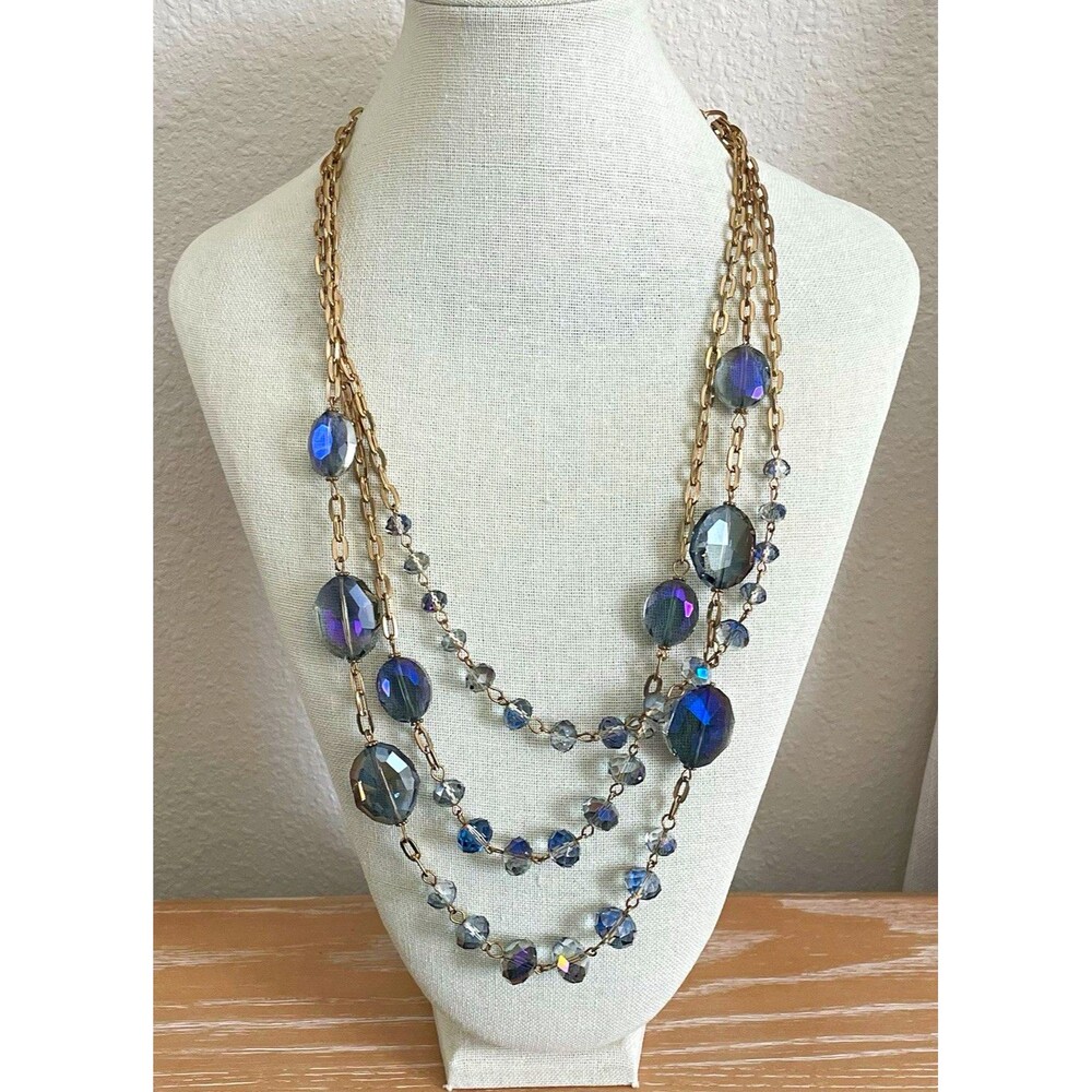 Layered Multi Strand Gold Tone Blue Purple Crystal Bead Statement Necklace